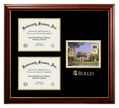 Triple Opening with Campus Image Frame in Classic Mahogany with Gold Trim with Black & Gold Mats for DOCUMENT: 8 1/2"H X 11"W  , DOCUMENT: 8 1/2"H X 11"W  