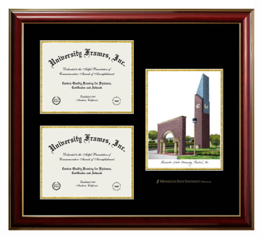 Minnesota State University Mankato Triple Opening with Campus Image Frame in Classic Mahogany with Gold Trim with Black & Gold Mats for DOCUMENT: 8 1/2"H X 11"W  , DOCUMENT: 8 1/2"H X 11"W  