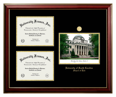 Triple Opening with Campus Image Frame in Classic Mahogany with Gold Trim with Black & Gold Mats for DOCUMENT: 8 1/2"H X 11"W  , DOCUMENT: 8 1/2"H X 11"W  