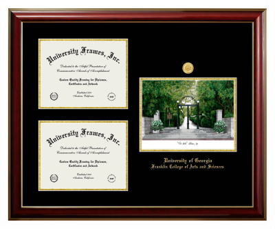 Triple Opening with Campus Image Frame in Classic Mahogany with Gold Trim with Black & Gold Mats for DOCUMENT: 8 1/2"H X 11"W  , DOCUMENT: 8 1/2"H X 11"W  