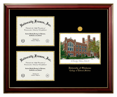 Triple Opening with Campus Image Frame in Classic Mahogany with Gold Trim with Black & Gold Mats for DOCUMENT: 8 1/2"H X 11"W  , DOCUMENT: 8 1/2"H X 11"W  