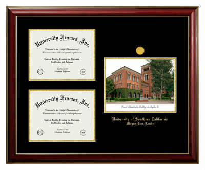 Triple Opening with Campus Image Frame in Classic Mahogany with Gold Trim with Black & Gold Mats for DOCUMENT: 8 1/2"H X 11"W  , DOCUMENT: 8 1/2"H X 11"W  