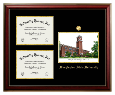 Triple Opening with Campus Image Frame in Classic Mahogany with Gold Trim with Black & Gold Mats for DOCUMENT: 8 1/2"H X 11"W  , DOCUMENT: 8 1/2"H X 11"W  