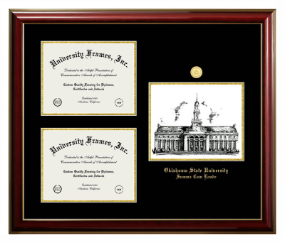 Triple Opening with Campus Image Frame in Classic Mahogany with Gold Trim with Black & Gold Mats for DOCUMENT: 8 1/2"H X 11"W  , DOCUMENT: 8 1/2"H X 11"W  