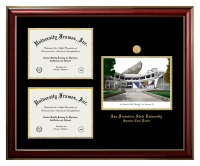 Triple Opening with Campus Image Frame in Classic Mahogany with Gold Trim with Black & Gold Mats for DOCUMENT: 8 1/2"H X 11"W  , DOCUMENT: 8 1/2"H X 11"W  