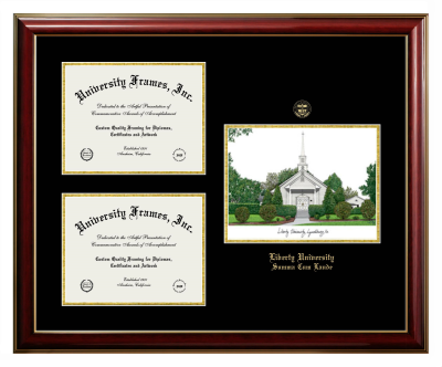 Triple Opening with Campus Image Frame in Classic Mahogany with Gold Trim with Black & Gold Mats for DOCUMENT: 8 1/2"H X 11"W  , DOCUMENT: 8 1/2"H X 11"W  