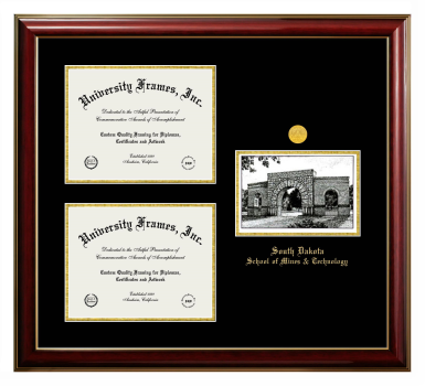 Triple Opening with Campus Image Frame in Classic Mahogany with Gold Trim with Black & Gold Mats for DOCUMENT: 8 1/2"H X 11"W  , DOCUMENT: 8 1/2"H X 11"W  