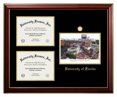 Triple Opening with Campus Image Frame in Classic Mahogany with Gold Trim with Black & Gold Mats for DOCUMENT: 8 1/2"H X 11"W  , DOCUMENT: 8 1/2"H X 11"W  