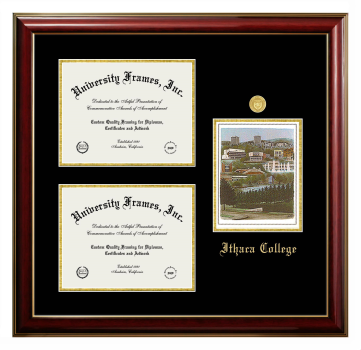 Ithaca College Triple Opening with Campus Image Frame in Classic Mahogany with Gold Trim with Black & Gold Mats for DOCUMENT: 8 1/2"H X 11"W  , DOCUMENT: 8 1/2"H X 11"W  