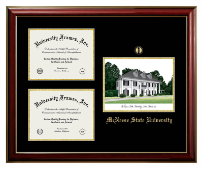 Triple Opening with Campus Image Frame in Classic Mahogany with Gold Trim with Black & Gold Mats for DOCUMENT: 8 1/2"H X 11"W  , DOCUMENT: 8 1/2"H X 11"W  