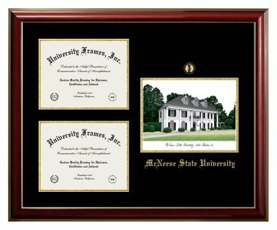 McNeese State University Triple Opening with Campus Image Frame in Classic Mahogany with Gold Trim with Black & Gold Mats for DOCUMENT: 8 1/2"H X 11"W  , DOCUMENT: 8 1/2"H X 11"W  