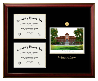 Triple Opening with Campus Image Frame in Classic Mahogany with Gold Trim with Black & Gold Mats for DOCUMENT: 8 1/2"H X 11"W  , DOCUMENT: 8 1/2"H X 11"W  