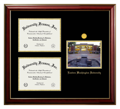 Triple Opening with Campus Image Frame in Classic Mahogany with Gold Trim with Black & Gold Mats for DOCUMENT: 8 1/2"H X 11"W  , DOCUMENT: 8 1/2"H X 11"W  