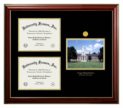 Triple Opening with Campus Image Frame in Classic Mahogany with Gold Trim with Black & Gold Mats for DOCUMENT: 8 1/2"H X 11"W  , DOCUMENT: 8 1/2"H X 11"W  