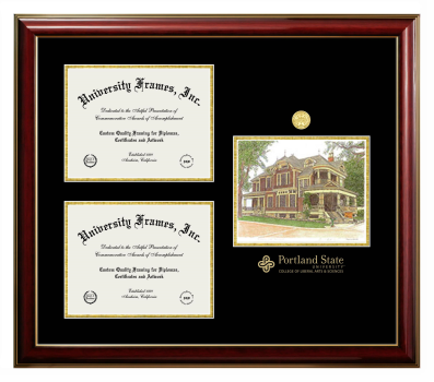 Triple Opening with Campus Image Frame in Classic Mahogany with Gold Trim with Black & Gold Mats for DOCUMENT: 8 1/2"H X 11"W  , DOCUMENT: 8 1/2"H X 11"W  