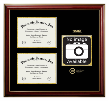 Triple Opening with Campus Image Frame in Classic Mahogany with Gold Trim with Black & Gold Mats for DOCUMENT: 8 1/2"H X 11"W  , DOCUMENT: 8 1/2"H X 11"W  