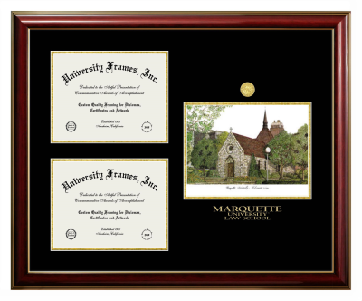 Triple Opening with Campus Image Frame in Classic Mahogany with Gold Trim with Black & Gold Mats for DOCUMENT: 8 1/2"H X 11"W  , DOCUMENT: 8 1/2"H X 11"W  