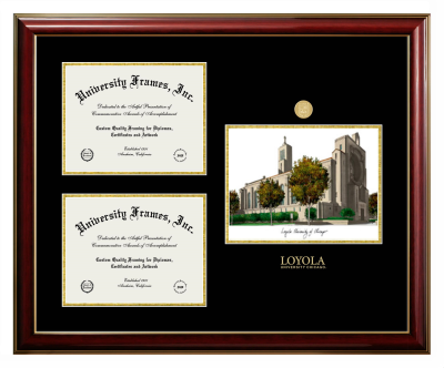 Triple Opening with Campus Image Frame in Classic Mahogany with Gold Trim with Black & Gold Mats for DOCUMENT: 8 1/2"H X 11"W  , DOCUMENT: 8 1/2"H X 11"W  