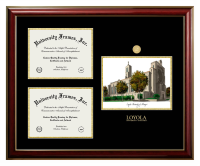 Loyola University Chicago Triple Opening with Campus Image Frame in Classic Mahogany with Gold Trim with Black & Gold Mats for DOCUMENT: 8 1/2"H X 11"W  , DOCUMENT: 8 1/2"H X 11"W  