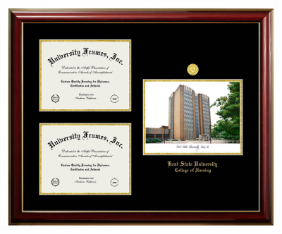 Triple Opening with Campus Image Frame in Classic Mahogany with Gold Trim with Black & Gold Mats for DOCUMENT: 8 1/2"H X 11"W  , DOCUMENT: 8 1/2"H X 11"W  