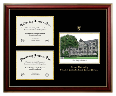 Triple Opening with Campus Image Frame in Classic Mahogany with Gold Trim with Black & Gold Mats for DOCUMENT: 8 1/2"H X 11"W  , DOCUMENT: 8 1/2"H X 11"W  