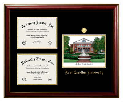 Triple Opening with Campus Image Frame in Classic Mahogany with Gold Trim with Black & Gold Mats for DOCUMENT: 8 1/2"H X 11"W  , DOCUMENT: 8 1/2"H X 11"W  