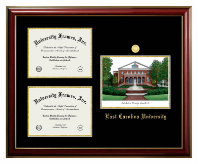 East Carolina University Triple Opening with Campus Image Frame in Classic Mahogany with Gold Trim with Black & Gold Mats for DOCUMENT: 8 1/2"H X 11"W  , DOCUMENT: 8 1/2"H X 11"W  