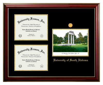 Triple Opening with Campus Image Frame in Classic Mahogany with Gold Trim with Black & Gold Mats for DOCUMENT: 8 1/2"H X 11"W  , DOCUMENT: 8 1/2"H X 11"W  