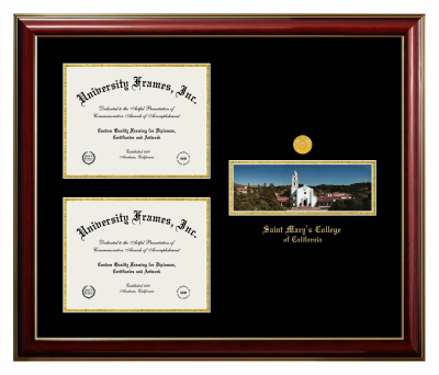 Triple Opening with Campus Image Frame in Classic Mahogany with Gold Trim with Black & Gold Mats for DOCUMENT: 8 1/2"H X 11"W  , DOCUMENT: 8 1/2"H X 11"W  