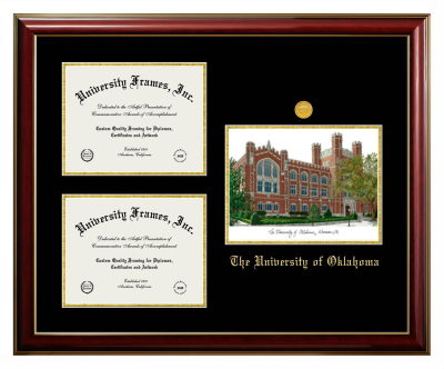 Triple Opening with Campus Image Frame in Classic Mahogany with Gold Trim with Black & Gold Mats for DOCUMENT: 8 1/2"H X 11"W  , DOCUMENT: 8 1/2"H X 11"W  