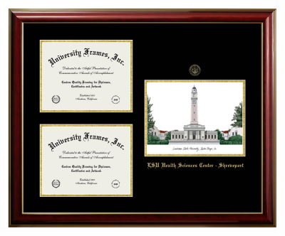 Triple Opening with Campus Image Frame in Classic Mahogany with Gold Trim with Black & Gold Mats for DOCUMENT: 8 1/2"H X 11"W  , DOCUMENT: 8 1/2"H X 11"W  