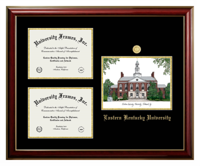 Eastern Kentucky University Triple Opening with Campus Image Frame in Classic Mahogany with Gold Trim with Black & Gold Mats for DOCUMENT: 8 1/2"H X 11"W  , DOCUMENT: 8 1/2"H X 11"W  