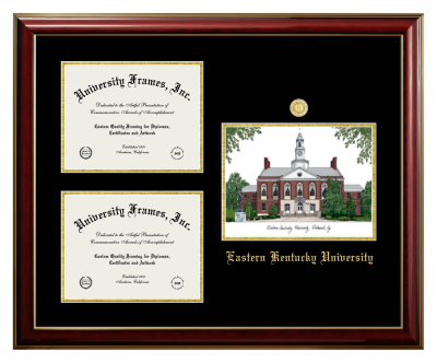 Triple Opening with Campus Image Frame in Classic Mahogany with Gold Trim with Black & Gold Mats for DOCUMENT: 8 1/2"H X 11"W  , DOCUMENT: 8 1/2"H X 11"W  