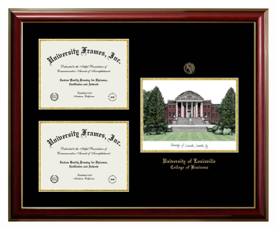 Triple Opening with Campus Image Frame in Classic Mahogany with Gold Trim with Black & Gold Mats for DOCUMENT: 8 1/2"H X 11"W  , DOCUMENT: 8 1/2"H X 11"W  