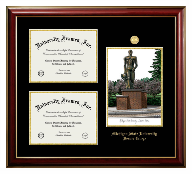 Triple Opening with Campus Image Frame in Classic Mahogany with Gold Trim with Black & Gold Mats for DOCUMENT: 8 1/2"H X 11"W  , DOCUMENT: 8 1/2"H X 11"W  