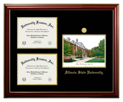 Triple Opening with Campus Image Frame in Classic Mahogany with Gold Trim with Black & Gold Mats for DOCUMENT: 8 1/2"H X 11"W  , DOCUMENT: 8 1/2"H X 11"W  