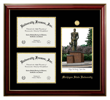 Michigan State University Triple Opening with Campus Image Frame in Classic Mahogany with Gold Trim with Black & Gold Mats for DOCUMENT: 8 1/2"H X 11"W  , DOCUMENT: 8 1/2"H X 11"W  
