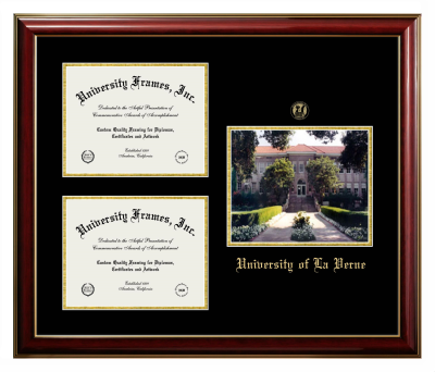 Triple Opening with Campus Image Frame in Classic Mahogany with Gold Trim with Black & Gold Mats for DOCUMENT: 8 1/2"H X 11"W  , DOCUMENT: 8 1/2"H X 11"W  