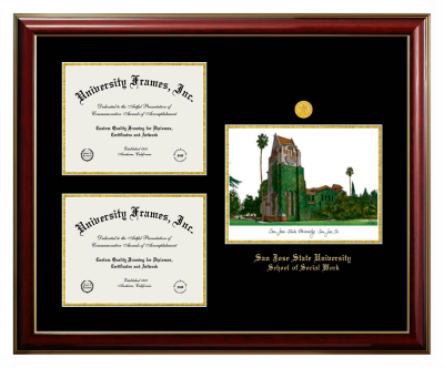 Triple Opening with Campus Image Frame in Classic Mahogany with Gold Trim with Black & Gold Mats for DOCUMENT: 8 1/2"H X 11"W  , DOCUMENT: 8 1/2"H X 11"W  