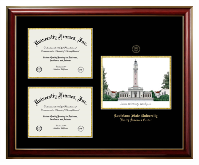 Triple Opening with Campus Image Frame in Classic Mahogany with Gold Trim with Black & Gold Mats for DOCUMENT: 8 1/2"H X 11"W  , DOCUMENT: 8 1/2"H X 11"W  