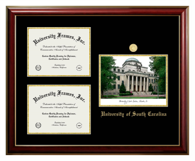 Triple Opening with Campus Image Frame in Classic Mahogany with Gold Trim with Black & Gold Mats for DOCUMENT: 8 1/2"H X 11"W  , DOCUMENT: 8 1/2"H X 11"W  