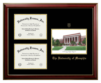 Triple Opening with Campus Image Frame in Classic Mahogany with Gold Trim with Black & Gold Mats for DOCUMENT: 8 1/2"H X 11"W  , DOCUMENT: 8 1/2"H X 11"W  