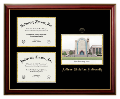 Triple Opening with Campus Image Frame in Classic Mahogany with Gold Trim with Black & Gold Mats for DOCUMENT: 8 1/2"H X 11"W  , DOCUMENT: 8 1/2"H X 11"W  