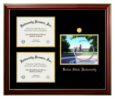 Triple Opening with Campus Image Frame in Classic Mahogany with Gold Trim with Black & Gold Mats for DOCUMENT: 8 1/2"H X 11"W  , DOCUMENT: 8 1/2"H X 11"W  