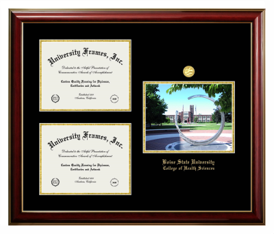 Triple Opening with Campus Image Frame in Classic Mahogany with Gold Trim with Black & Gold Mats for DOCUMENT: 8 1/2"H X 11"W  , DOCUMENT: 8 1/2"H X 11"W  