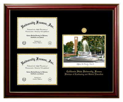 Triple Opening with Campus Image Frame in Classic Mahogany with Gold Trim with Black & Gold Mats for DOCUMENT: 8 1/2"H X 11"W  , DOCUMENT: 8 1/2"H X 11"W  