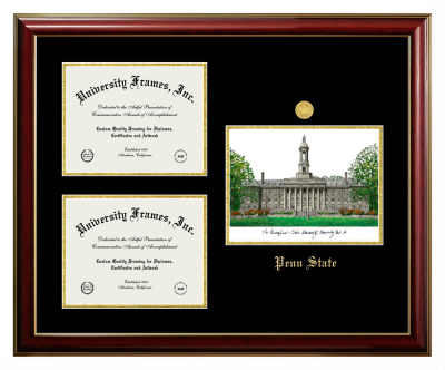 Triple Opening with Campus Image Frame in Classic Mahogany with Gold Trim with Black & Gold Mats for DOCUMENT: 8 1/2"H X 11"W  , DOCUMENT: 8 1/2"H X 11"W  