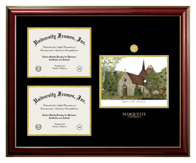 Triple Opening with Campus Image Frame in Classic Mahogany with Gold Trim with Black & Gold Mats for DOCUMENT: 8 1/2"H X 11"W  , DOCUMENT: 8 1/2"H X 11"W  