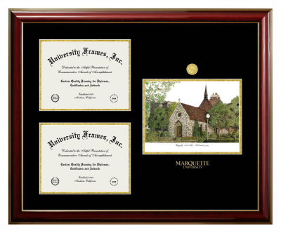 Marquette University Triple Opening with Campus Image Frame in Classic Mahogany with Gold Trim with Black & Gold Mats for DOCUMENT: 8 1/2"H X 11"W  , DOCUMENT: 8 1/2"H X 11"W  