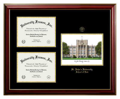 Triple Opening with Campus Image Frame in Classic Mahogany with Gold Trim with Black & Gold Mats for DOCUMENT: 8 1/2"H X 11"W  , DOCUMENT: 8 1/2"H X 11"W  